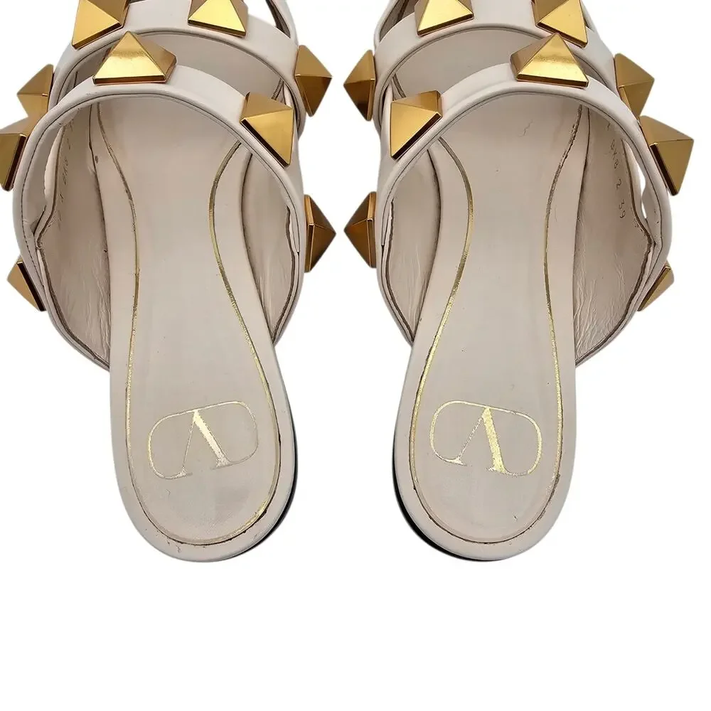 Valentino Garavani Roman Stud Flat Cage Mule Slide White Leather Gold Size 39 9